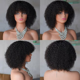 Short Black Kinky Curly Human Hair Bob Wig with Bangs 12 Inch